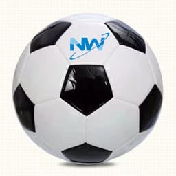 A black and white soccer ball with a logo on it, featuring a traditional hexagonal and pentagonal pattern.