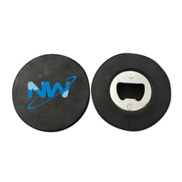 A drink bottle opener designed to resemble a hockey puck, featuring a metal bottle opener and a logo on one side.
