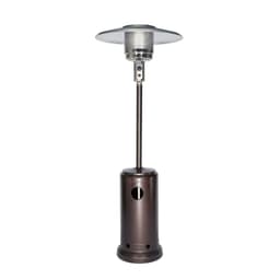 A bronze outdoor floor stand patio heater with a glass top, featuring a central column and base.