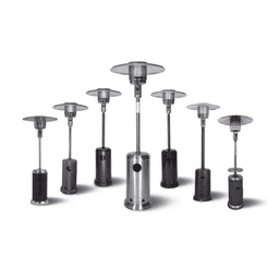 A range of outdoor floor stand patio heaters in silver and black, featuring various heights and designs.