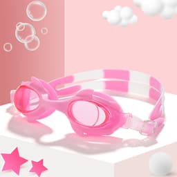 Children's swimming glasses in pink with a white adjustable strap, featuring a playful design and a logo.