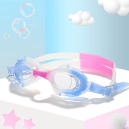 Children's swimming glasses in blue and pink, featuring transparent lenses and adjustable straps.