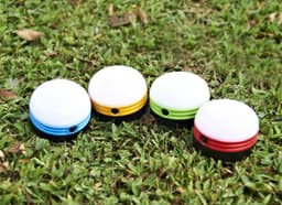 Four portable camping lights in blue, yellow, green, and red, placed on grass. Each light has a circular design.