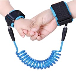 Child anti-lost wrist straps feature a blue coiled connector and black adjustable cuffs for secure attachment.