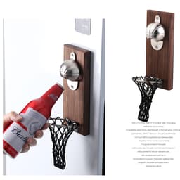 A wooden wall-mounted basketball opener with a metal bottle cap remover and a black net-like holder for bottles.