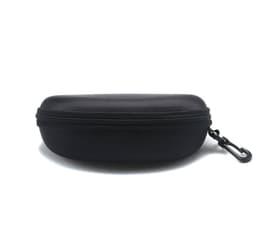 A black sunglass case with a clip, featuring a sturdy zipper and a textured surface.