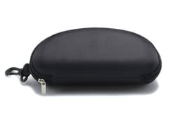 A black sunglass case with a textured surface and a clip attachment. It has a zip closure.
