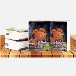 Two packs of mini pocket tissues with a bear illustration on the front, featuring bright colours and a whimsical design.