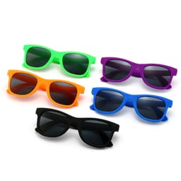 Five pairs of plastic sunglasses in green, orange, blue, purple, and black, featuring dark lenses.