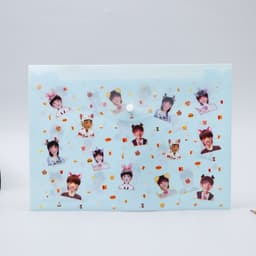 A light blue document envelope featuring assorted printed images and confetti-like decorations throughout.
