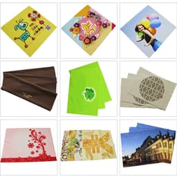 A collection of colourful microfiber cleaning cloths featuring various designs, including floral patterns and playful graphics.