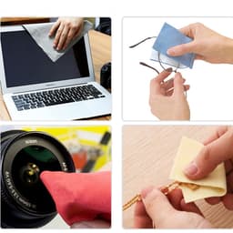 A collection of microfiber cleaning cloths in various colours, used on a laptop, glasses, a camera lens, and jewellery.