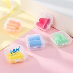 Earplugs in various colours, including pink, blue, orange, and green, housed in clear plastic cases. Each case has a logo.