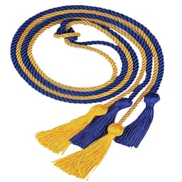 A graduation honour cord featuring blue and gold twisted strands with three tassels at one end.