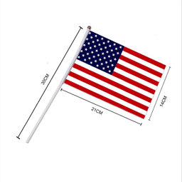 A small American flag with red, white, and blue colours, featuring stars and stripes, attached to a white stick.