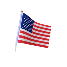A hand flag featuring the American flag design, with red, white, and blue colours. It has a gold tip on the pole.