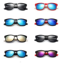 A set of eight sunglasses in various styles, featuring colours like black, red, and blue with mirrored lenses.