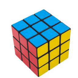 A puzzle cube featuring red, blue, and yellow sides with a black framework and a logo on one face.