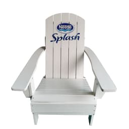 A white Folding Adirondack Chair with a logo on the backrest and wide armrests.