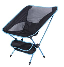 A folding fishing chair in black with blue accents and a side pocket, featuring a lightweight design.