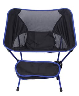 A folding chair in black with blue accents, featuring a mesh back and a lower storage pocket. It includes a travel bag.