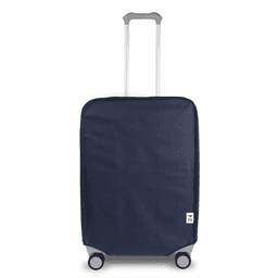 A navy non-woven luggage dust proof cover with a handle and wheels, featuring a logo.