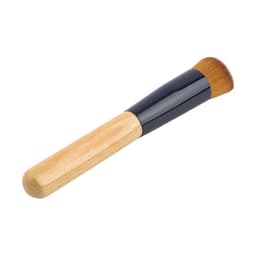 A makeup brush with a wooden handle and a black ferrule, featuring soft bristles for application.