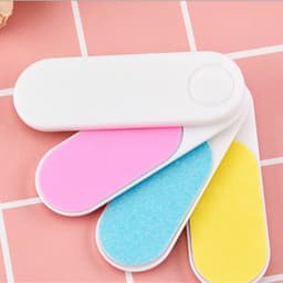 A nail file set featuring four files in pink, blue, yellow, and white, with a white casing and a logo.