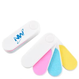A nail file set featuring four files in pink, blue, yellow, and white, with a branded case.