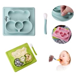 A non-slip children's plate in mint green and pink, featuring a bear shape, with a matching spoon included.