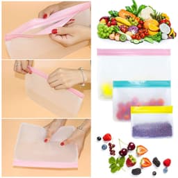 Food storage bags in various sizes and colours, with fruits and vegetables displayed nearby. Features a logo on the bags.