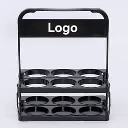 A black drink carrier with a handle, featuring eight circular compartments for bottles or glasses.