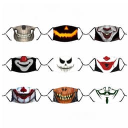 A collection of Halloween masks featuring various designs, including clowns, skulls, and pumpkins in dark and vibrant colours.