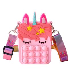 A pink unicorn-shaped bag with a pop fidget design and colourful strap features stars and a horn. It has a logo.