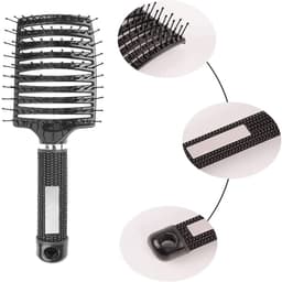 A black paddle hair brush with a textured handle and flexible bristles, featuring a logo on the handle.