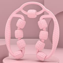 A pink leg massager with textured rollers, designed for muscle relaxation and relief. It features a contoured handle.