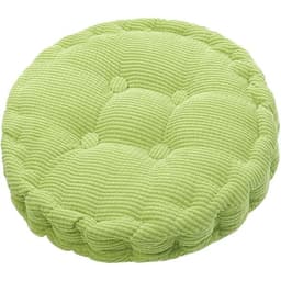 A round seat cushion in a light green colour with a textured, quilted surface and button detailing.