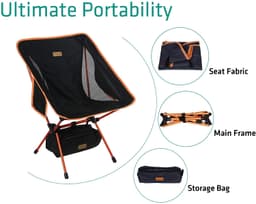 A lightweight portable folding chair in black and orange, with a mesh seat and a storage bag. Includes main frame details.