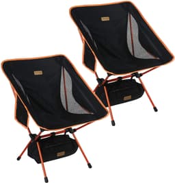 Two lightweight portable folding backpacking chairs in black with orange accents, featuring a mesh back and a storage bag.