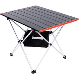 A portable camping table with a black surface and red accents, featuring a lower black storage bag and silver legs.