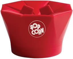 A red popcorn bucket with a logo, featuring a unique folding design for easy storage.