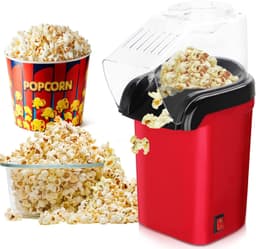A red hot air popcorn maker with popcorn spilling out, accompanied by a bowl and a striped popcorn container.