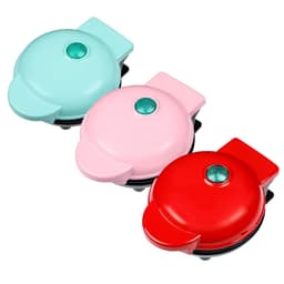A heart-shaped baking waffle maker in mint green, pink, and red colours, features a button and a logo.