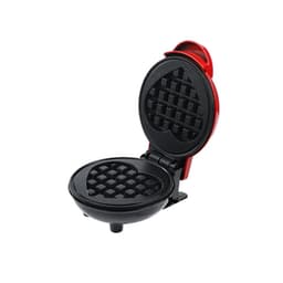 A heart-shaped baking waffle maker in red and black, featuring a non-stick cooking surface and a compact design.