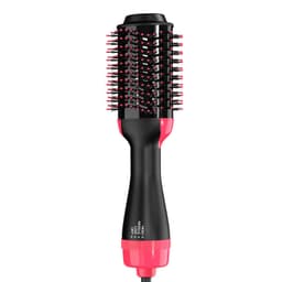 A black and pink hair dryer brush with bristles for styling and drying hair, featuring a logo on the handle.