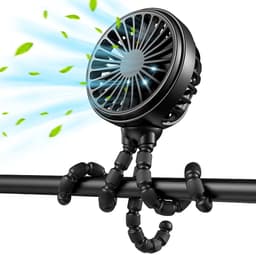 A black stroller fan with a flexible tripod, featuring blades and airflow indicated by green lines.