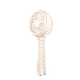 A white stroller fan with a flexible tripod, designed for outdoor use. It has a circular fan head and a bendable base.