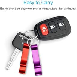 A drink bottle opener on a keyring, featuring purple and red attachments, accompanied by a car key with a logo.