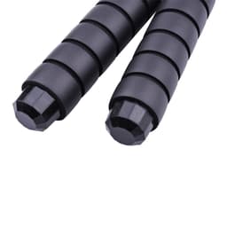 Two black jump rope handles with textured grips and rounded ends, featuring a logo.