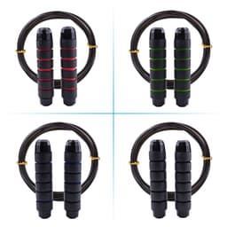Jump ropes with black handles featuring red, green, and blue accents, accompanied by a black rope. Includes branding elements.